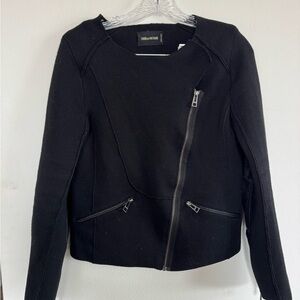 Zadig & Voltaire Gildam Black Merino Wool Moto Jacket Leather Elbow Patches Sz M